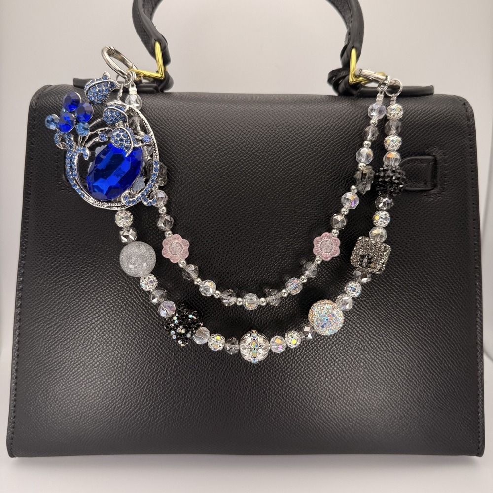 Blue Crystal Floral Purse‎ Chain Bag Charm Rhinestone Silver Black Handbag Decor